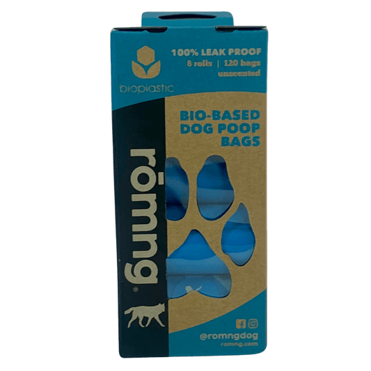 rōmng bio-based dog poop bags in blue, 100% leak-proof, 8 rolls with 120 unscented bags