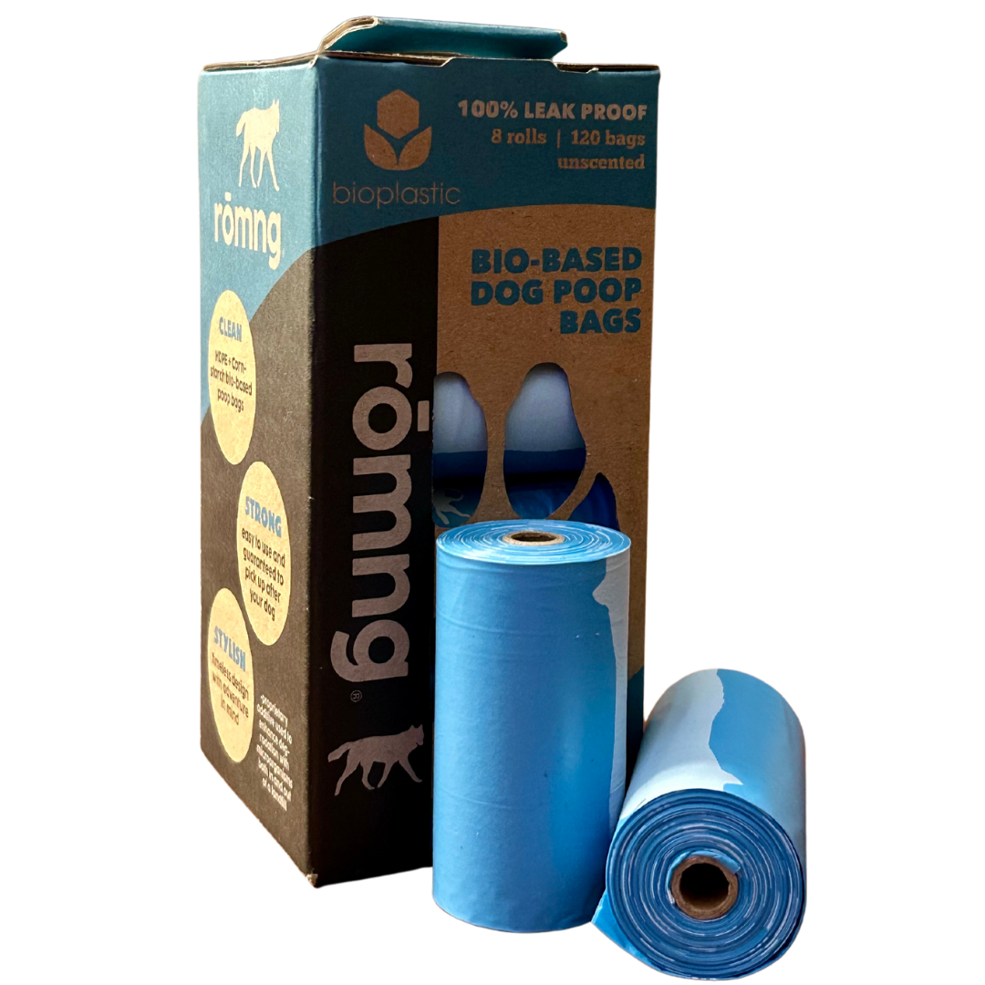 rōmng bio-based dog poop bags in blue with 120 leak-proof bags for easy cleanup