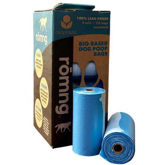 rōmng bio-based dog poop bags in blue with 120 leak-proof bags for easy cleanup