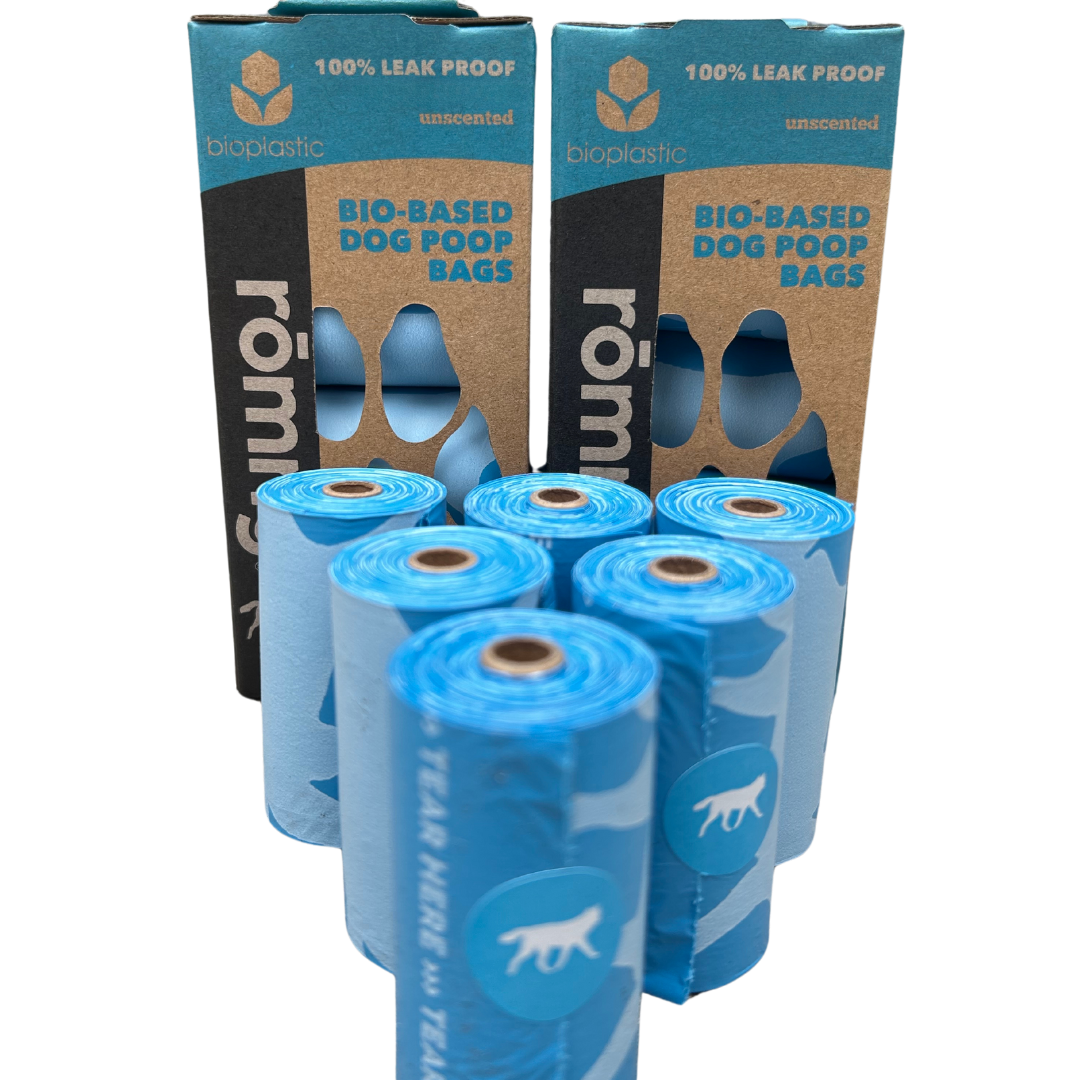 rōmng bio-based dog poop bags in unscented blue, 100% leak proof for eco-friendly pet waste disposal