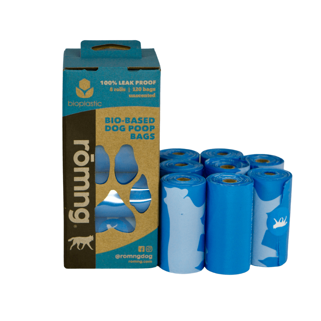 rōmng bio-based dog poop bags in blue, 100% leak-proof, 120 bags in total