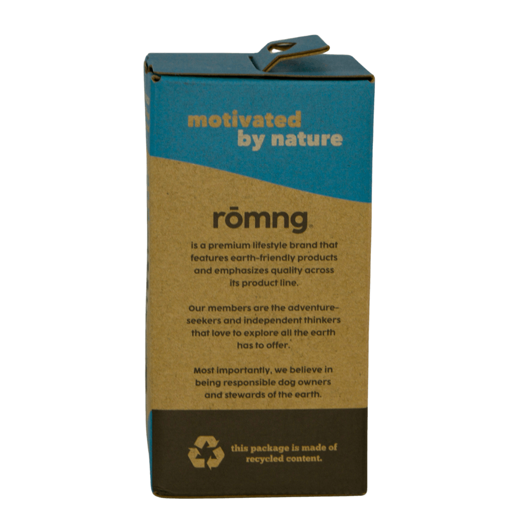 rōmng eco-friendly dog poop bags packaged in recyclable material for responsible pet owners