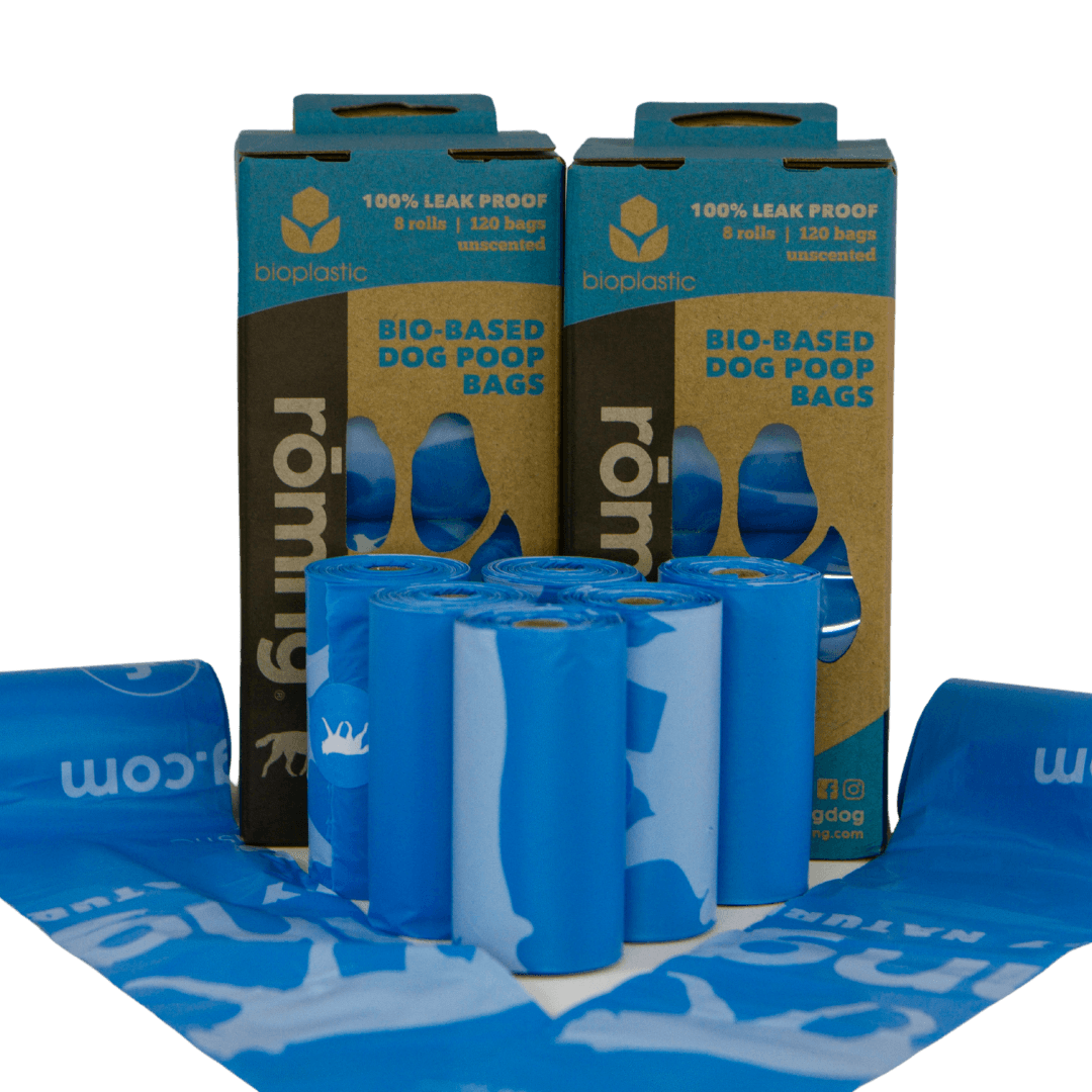 rōmng bio-based dog poop bags in blue packaging, eco-friendly and leak-proof for easy cleanup