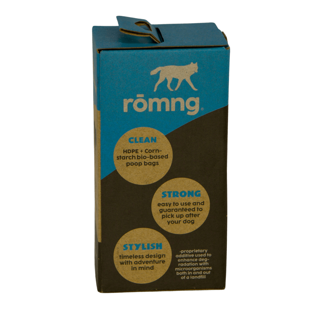 rōmng dog poop bags in a stylish eco-friendly box designed for easy pet waste cleanup