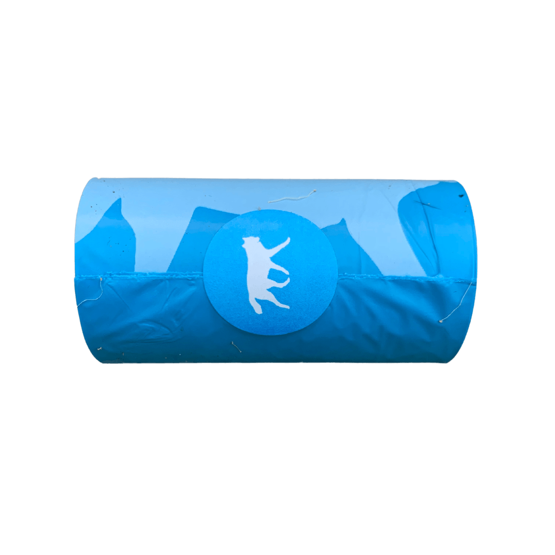 rōmng dog poop bags in blue packaging featuring a playful dog silhouette