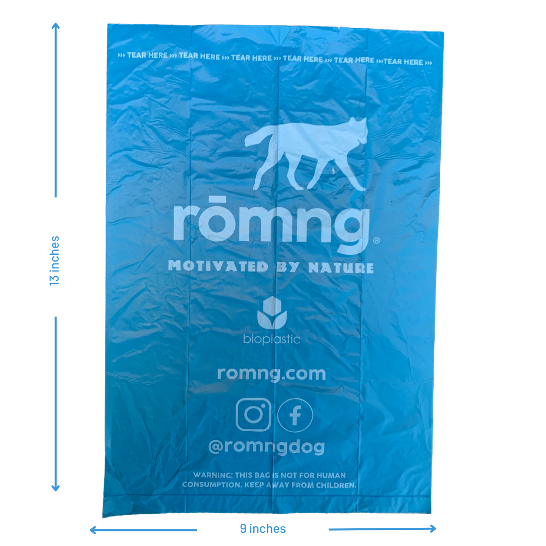 Rōmng Dog Poop Bags in Blue, eco-friendly, 9x13 inches for easy waste disposal on walks