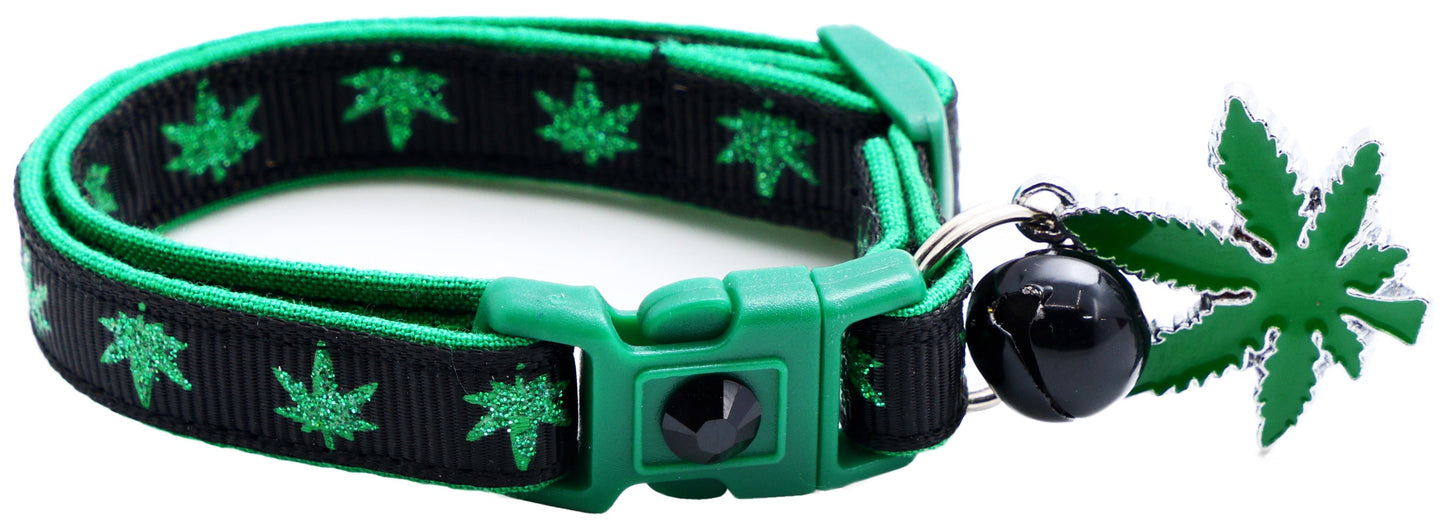 Tail Chasers safe adjustable cat collar for pets featuring a green leaf design with a bell