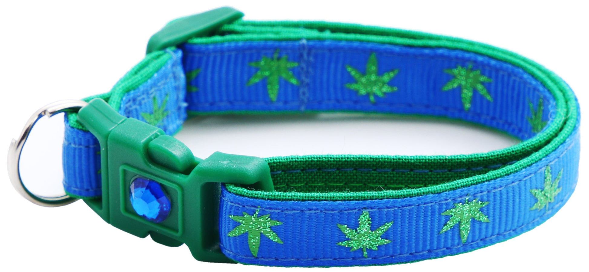 Tail Chasers Blue Safe Adjustable Cat Collar for Pets with Green Leaf Design and Breakaway Buckle