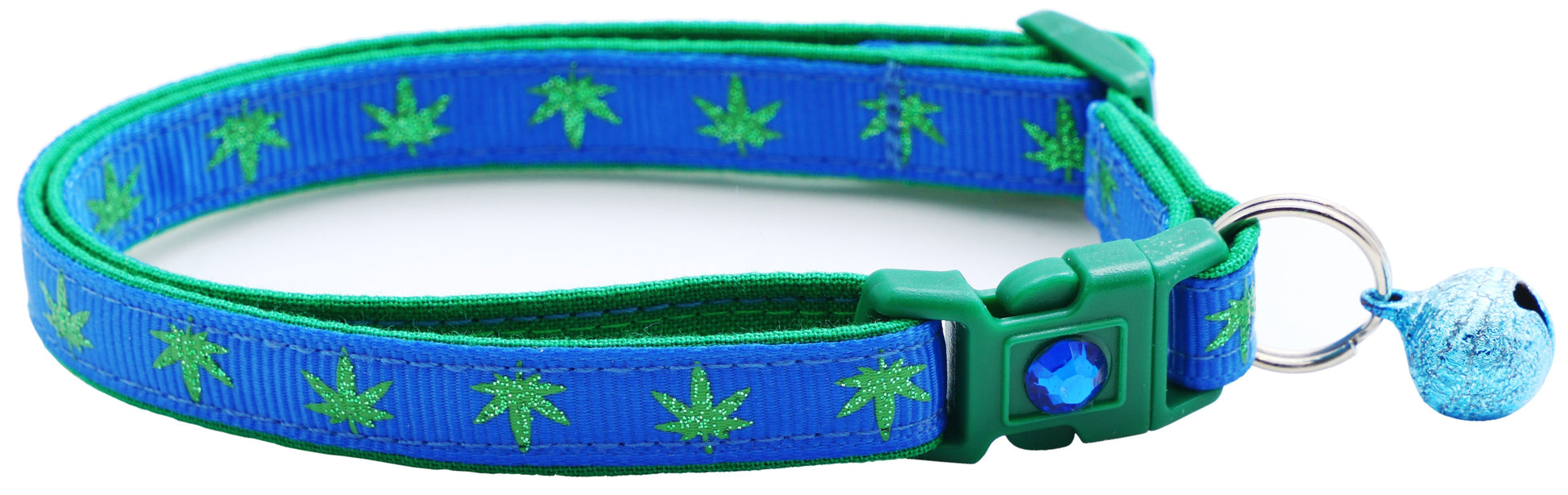 Tail Chasers safe adjustable cat collar for pets in blue with green leaf pattern and bell