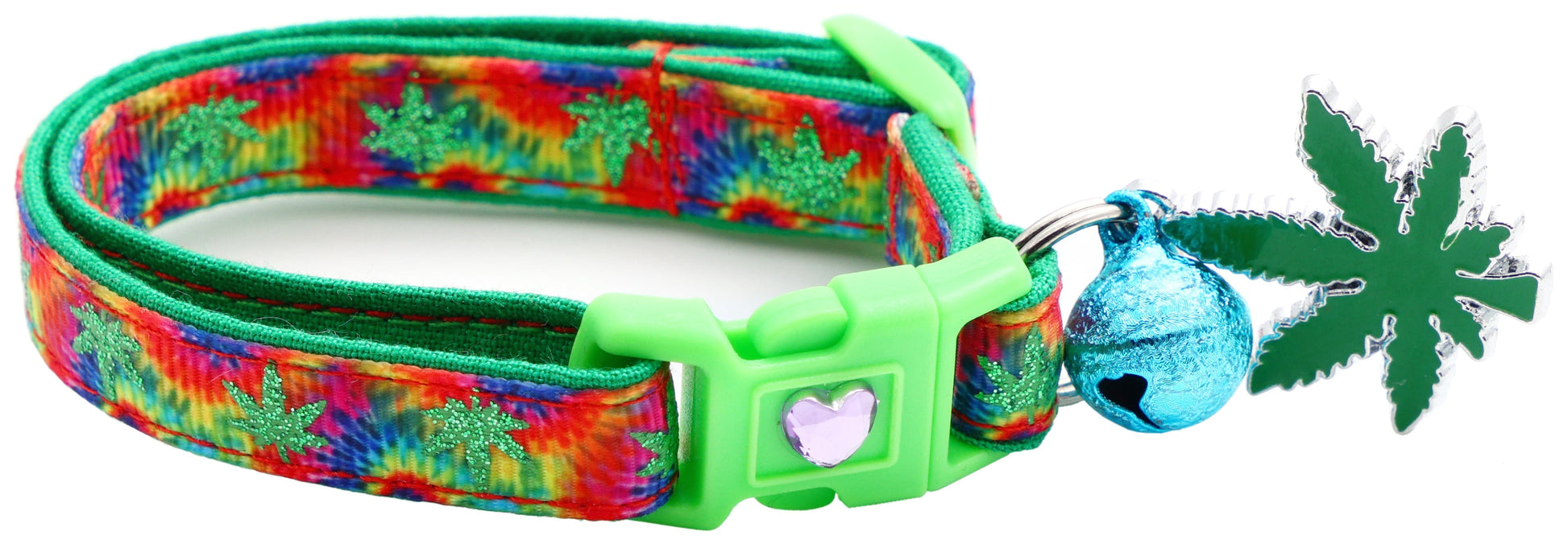 Tail Chasers safe adjustable cat collar for pets in vibrant tie-dye design with bell and leaf charm