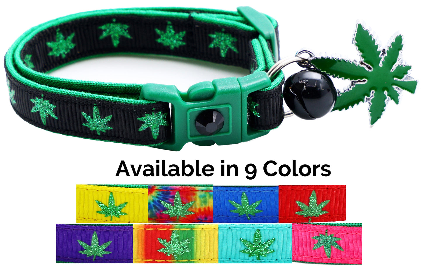 Safe adjustable cat collar for pets featuring a green leaf design, available in 9 vibrant colors