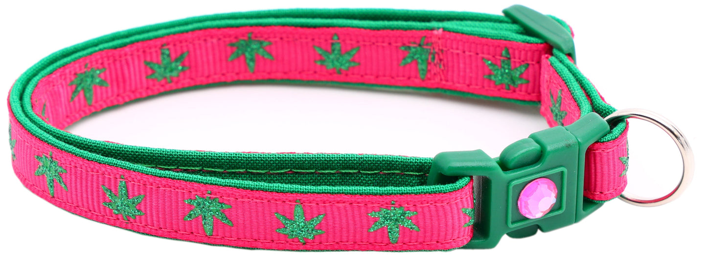Tail Chasers safe adjustable cat collar for pets with vibrant pink and green leaf pattern