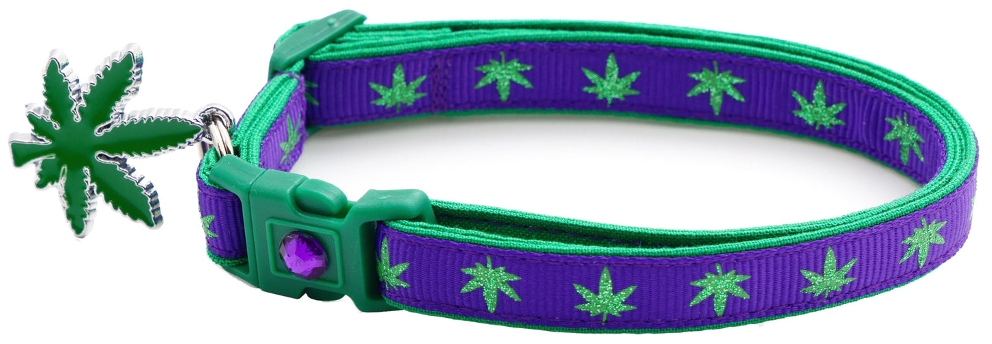 Tail Chasers purple safe adjustable cat collar for pets with green leaf pattern and charm