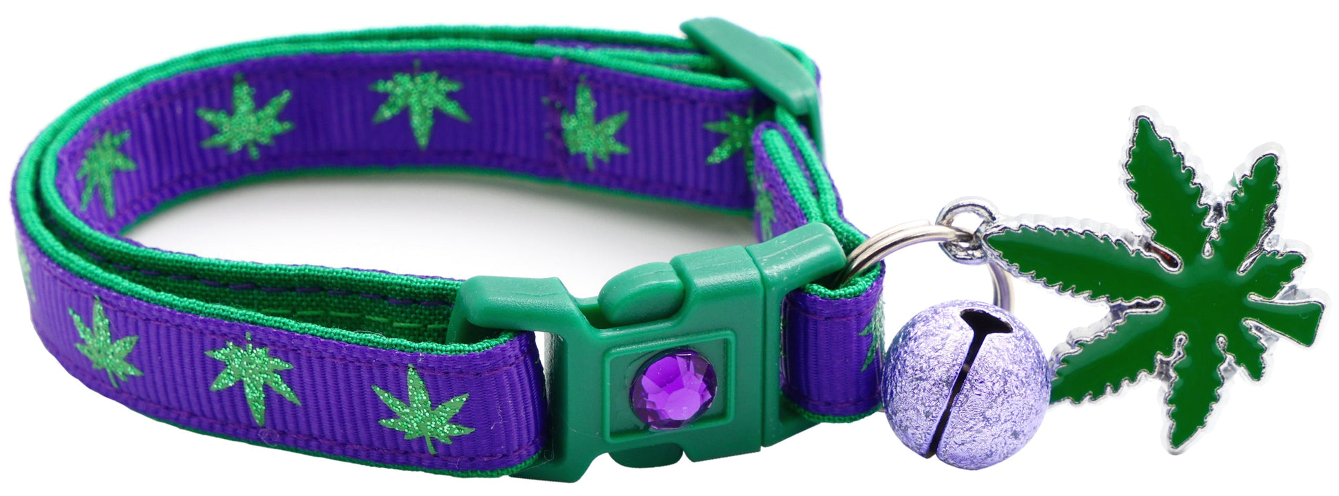 Tail Chasers safe adjustable cat collar for pets in purple with leaf design and bell charm