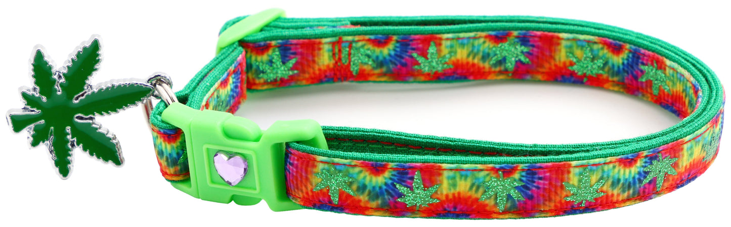 Vibrant tie-dye safe adjustable cat collar for pets with leaf charm and quick-release buckle