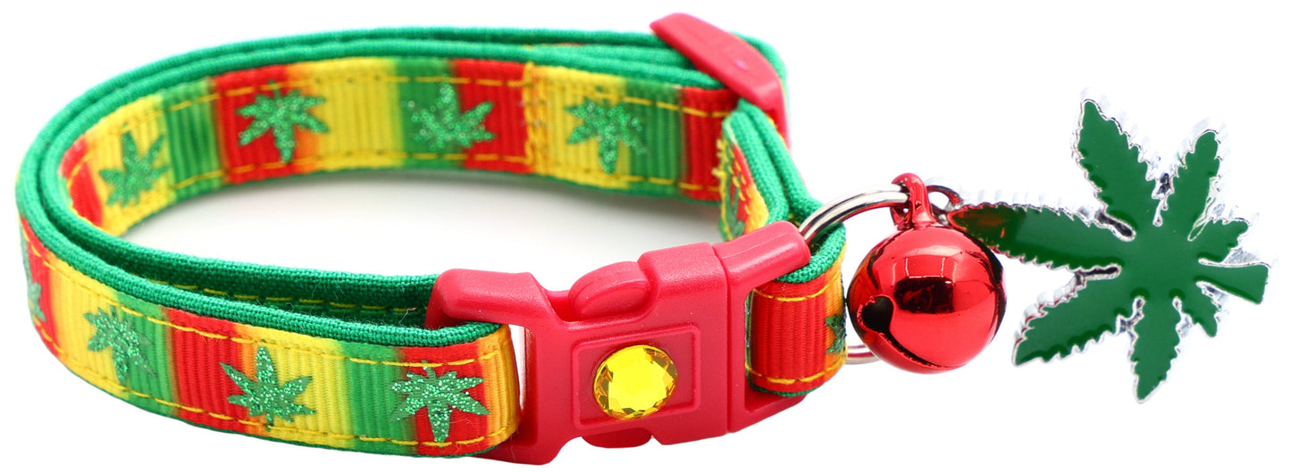 Colorful Tail Chasers safe adjustable cat collar for pets with a bell and leaf charm