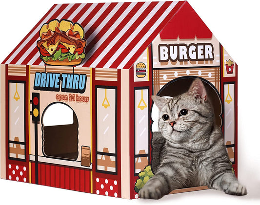 Durable cat scratching house for indoor cats designed like a fast food restaurant with fun graphics