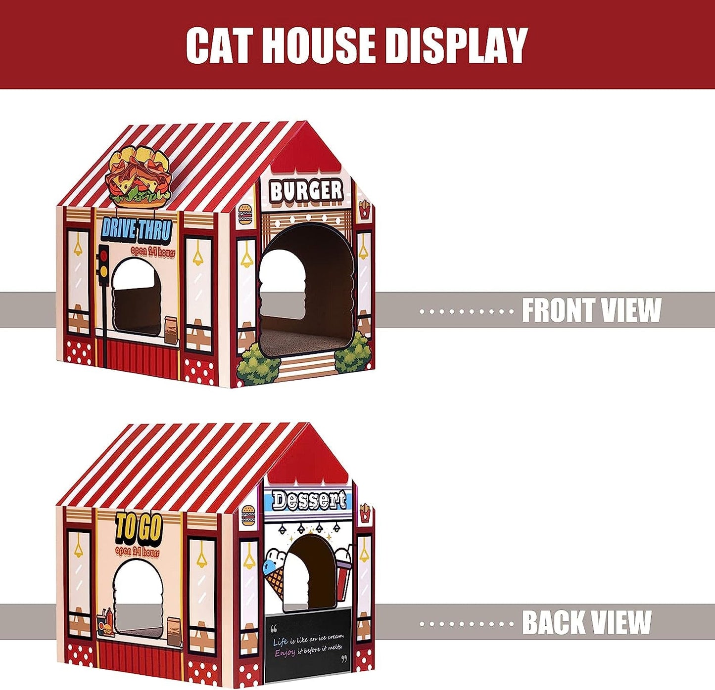 Purrfect Pet Kingdom colorful cat condo displaying a burger and dessert theme, a durable cat scratching house for indoor cats