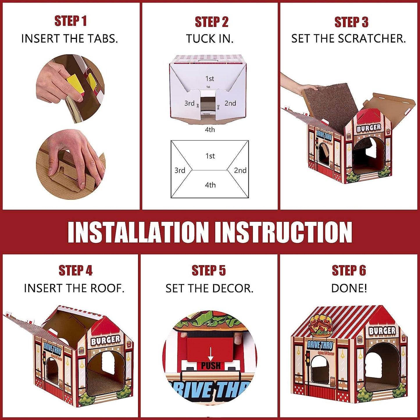 Installation steps for a durable cat scratching house for indoor cats with a fun burger design