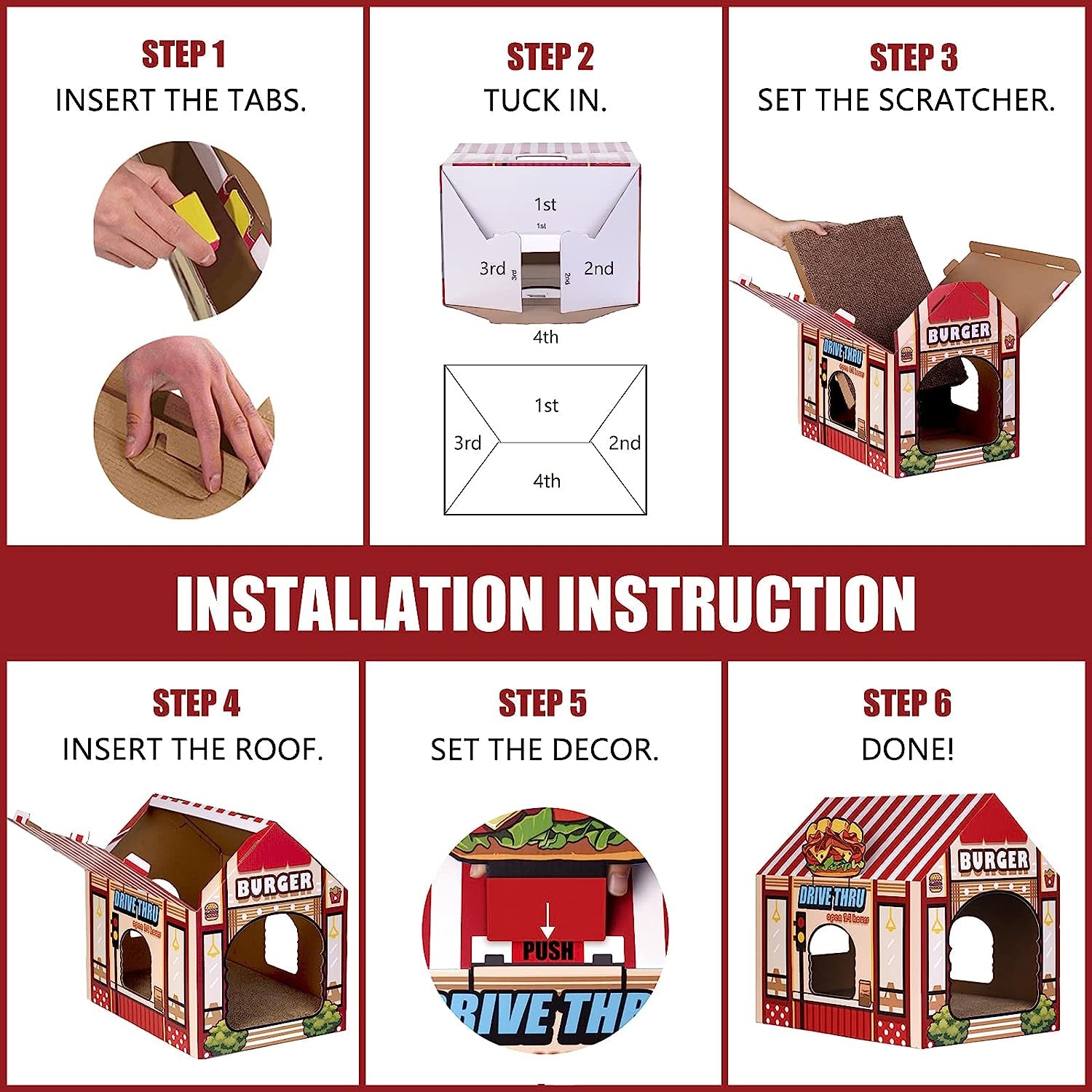 Installation steps for a durable cat scratching house for indoor cats with a fun burger design