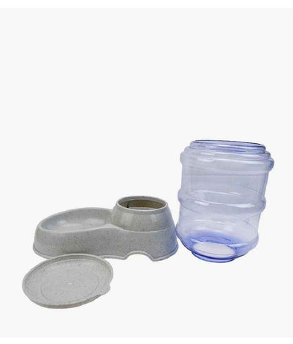 Purrfect Pet Kingdom self-dispensing pet waterer with clear water container and gray base feeder
