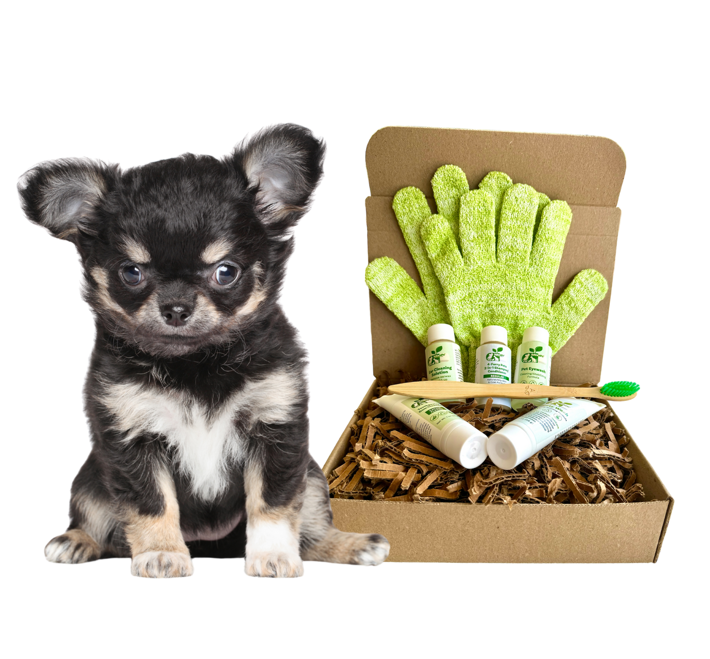 ReNewedPet sensitive dog grooming kit with shampoo, conditioner, and grooming gloves for gentle pet care