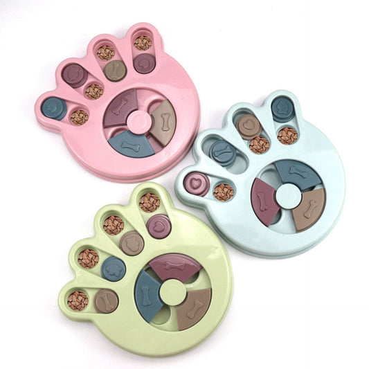 Purrfect Pet Kingdom interactive slow feeder toy for dogs in pink blue and green paw shapes