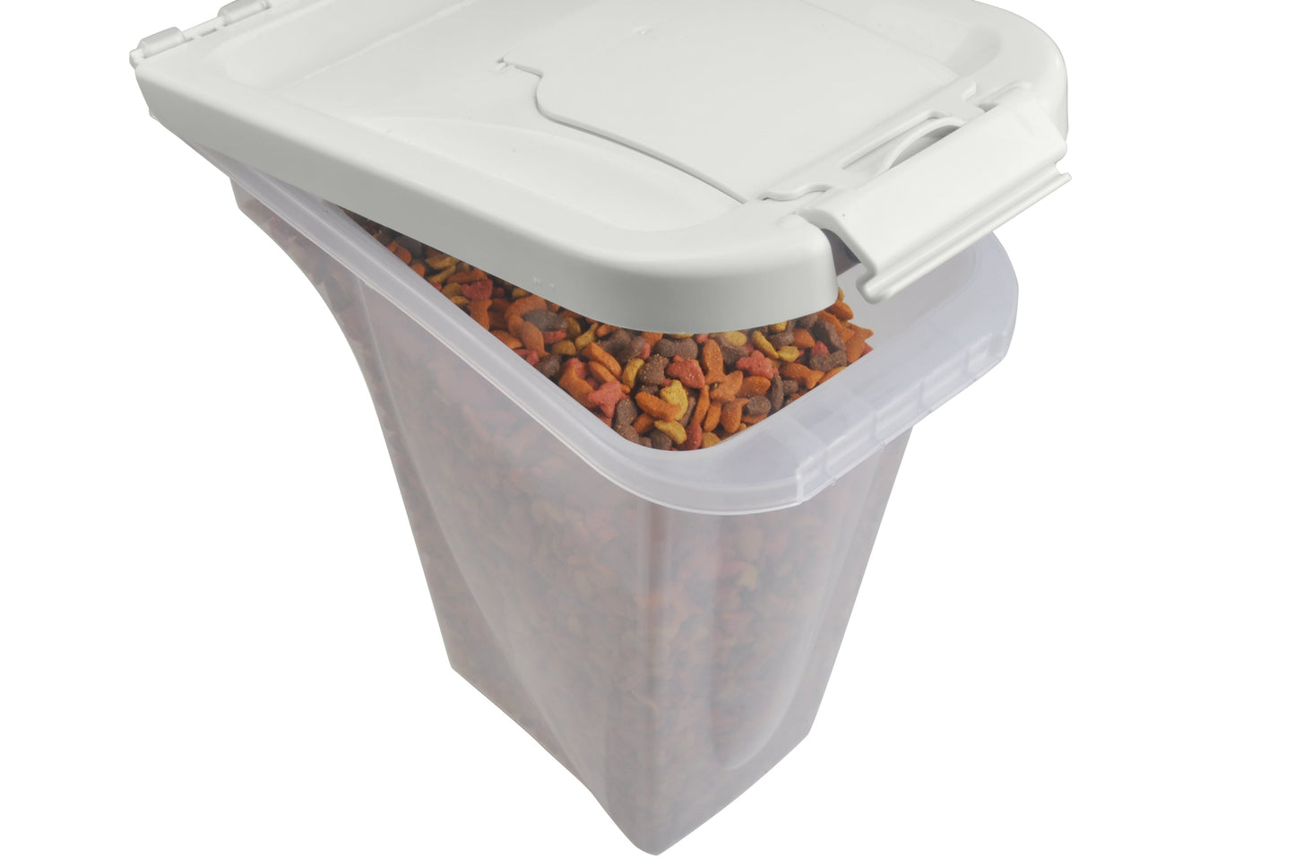 Clear small pet food dispenser with lid for easy storage and access to pet food