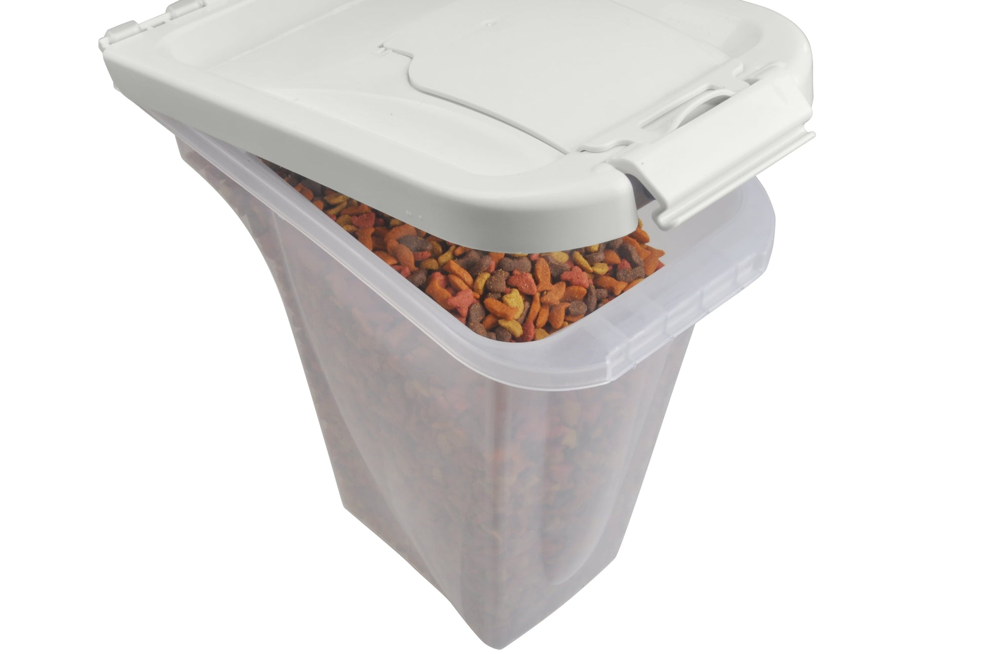 Clear small pet food dispenser with lid for easy storage and access to pet food