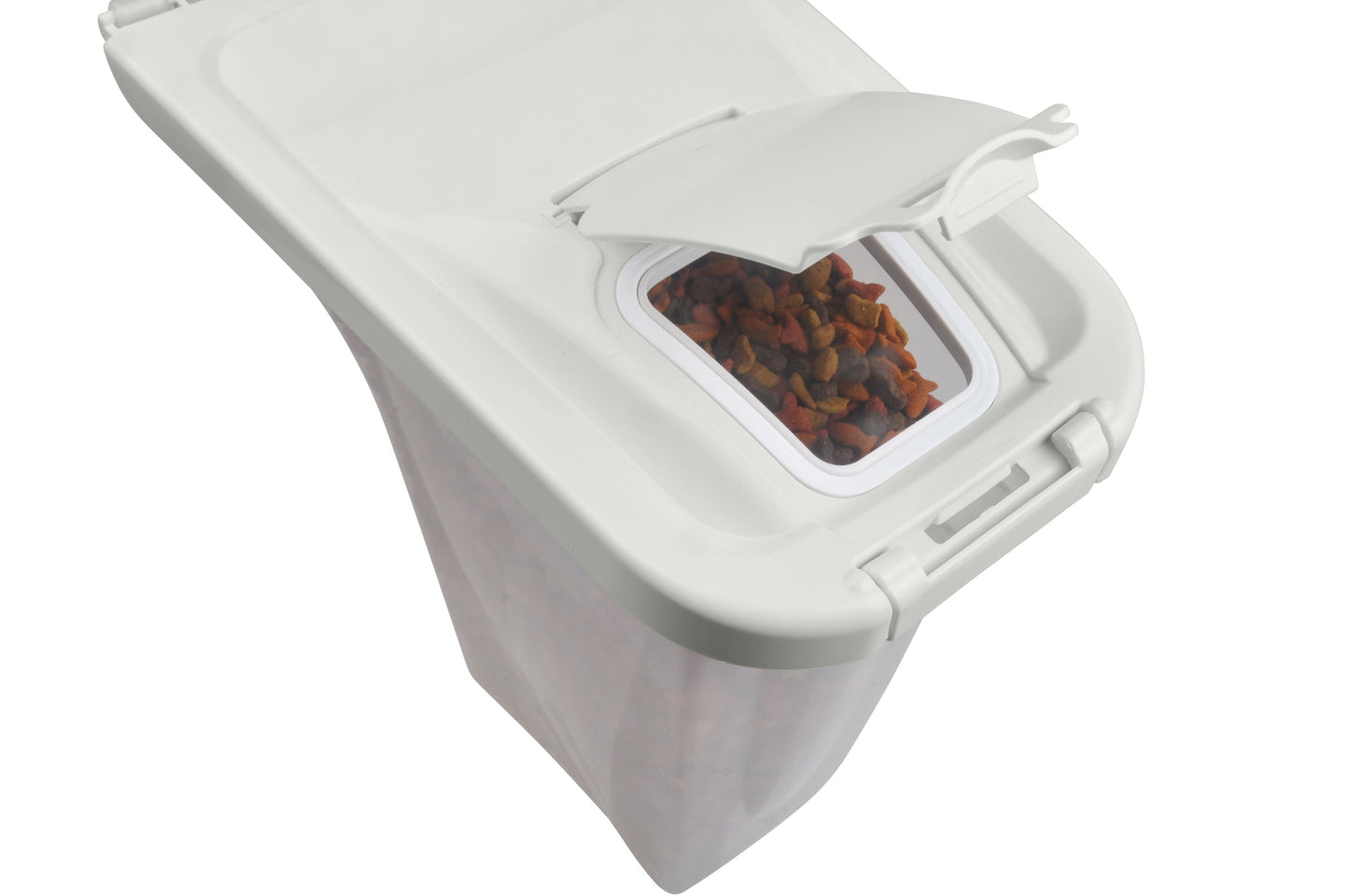 Small pet food dispenser with lid for convenient storage and access to pet food.