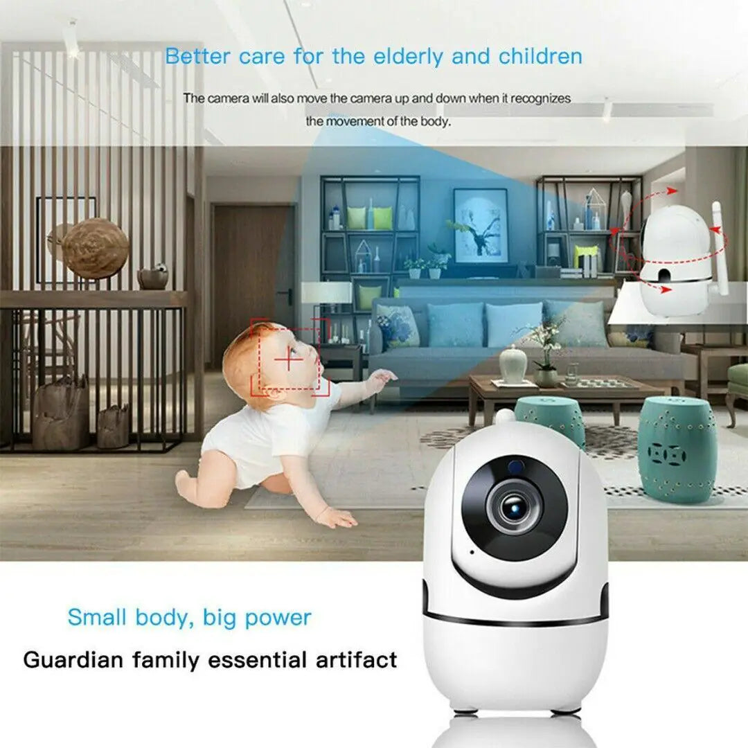 Smart indoor camera with two-way audio monitors children and elderly in a modern home setting