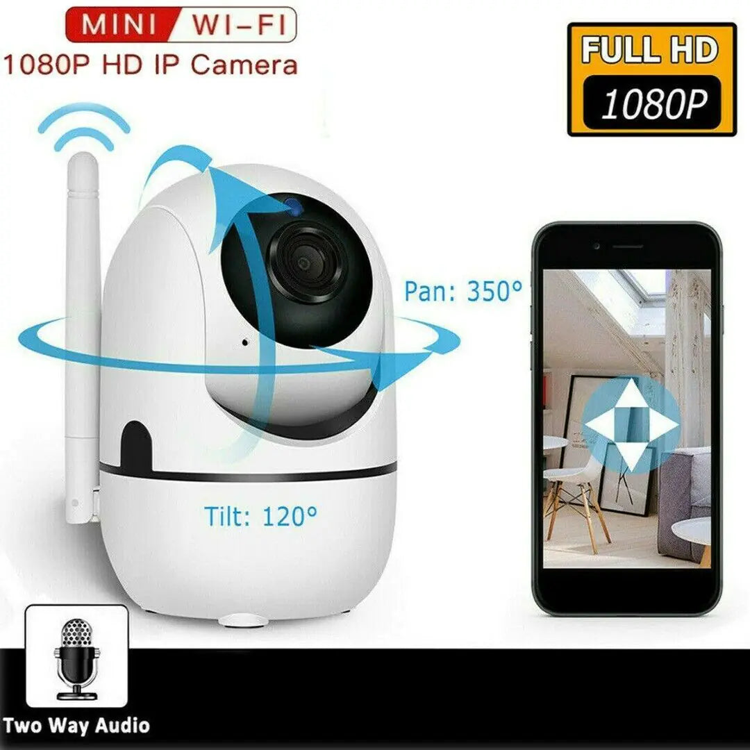 Smart indoor camera with two-way audio featuring 1080P HD resolution and remote pan and tilt control