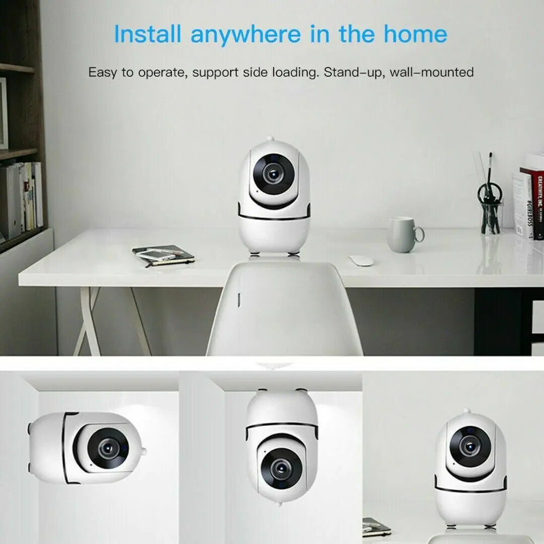 Smart indoor camera with two-way audio, easy to install anywhere in the home, supports stand-up and wall-mounted options.