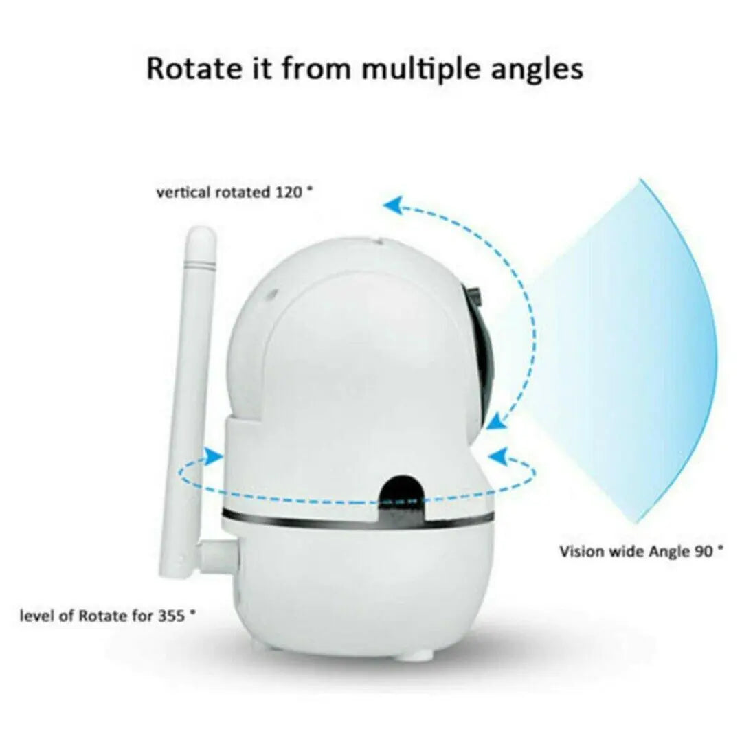 Smart indoor camera with two-way audio featuring 120-degree vertical rotation and 90-degree vision angle