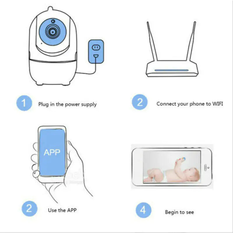 Smart indoor camera with two-way audio setup instructions including power supply and app connection steps