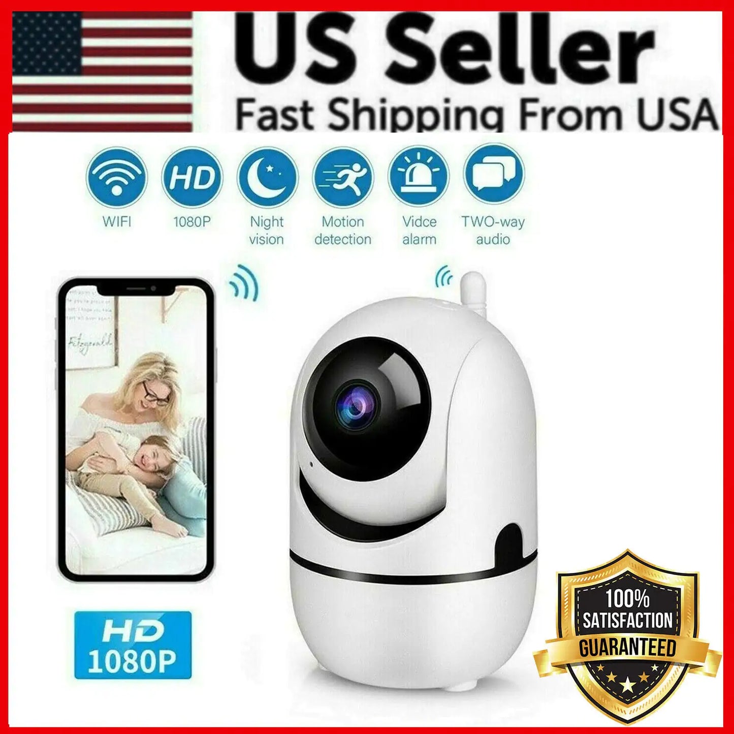 Smart indoor camera with two-way audio, HD 1080P, night vision, and motion detection features