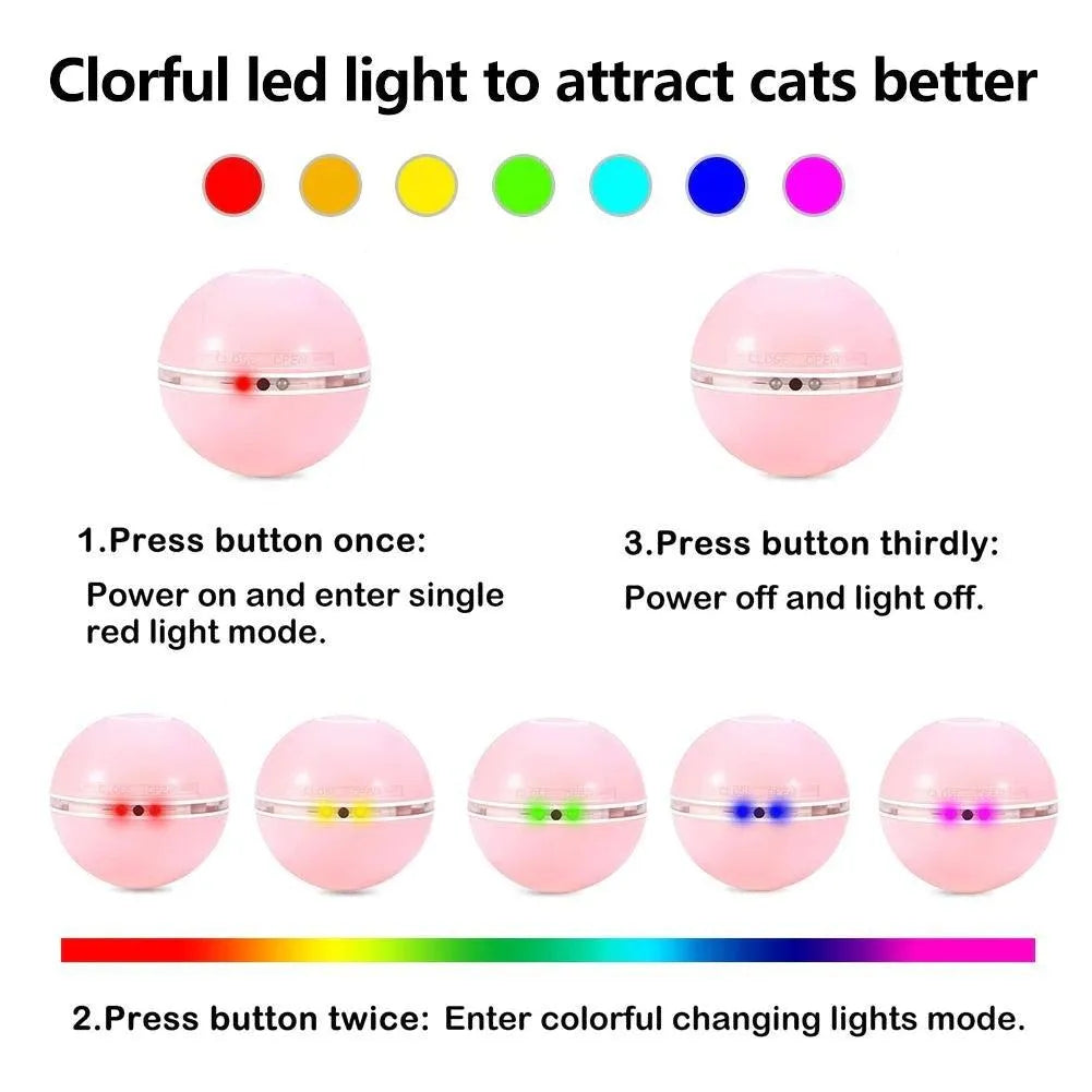 Colorful LED Smart Interactive Cat Toy by Stevvex, featuring a self-rotating ball with feather and bell, available in Blue...