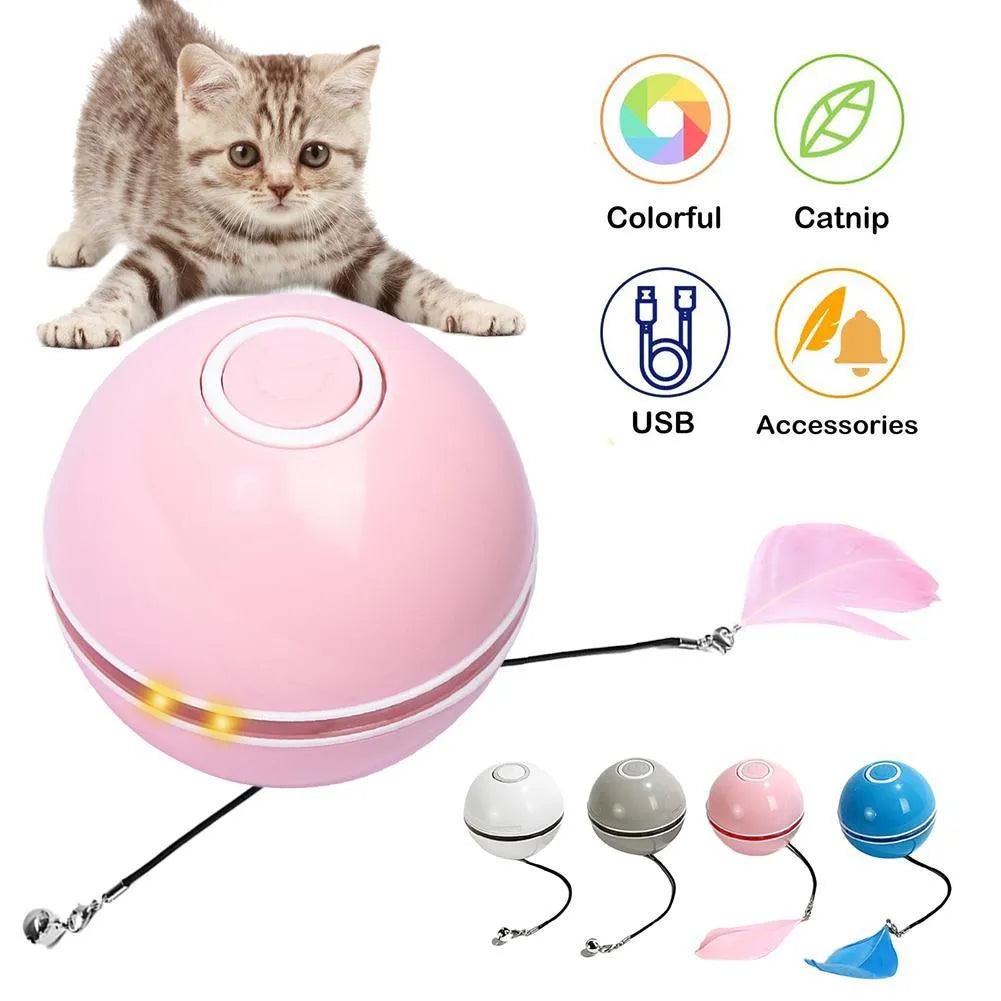 Colorful LED self-rotating ball cat toy by Stevvex, featuring a bell and feather, available in blue, gray, and rainbow var...