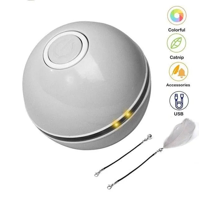 Smart Interactive Cat Toy by Stevvex, colorful LED self-rotating ball in blue, features a bell and feather, perfect for ca...