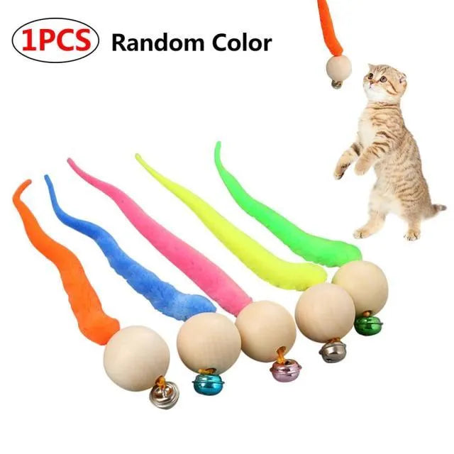 Colorful LED self-rotating ball cat toy by Stevvex, featuring a feather bell, available in blue, gray, and rainbow variants.