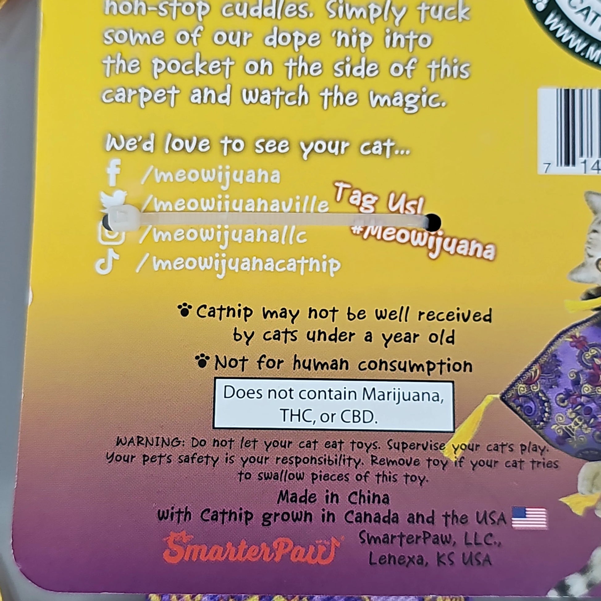 SMARTER PAW Meowijuana Organic Catnip Toy in vibrant colors, a magic carpet design by PayWut, perfect for playful cats.