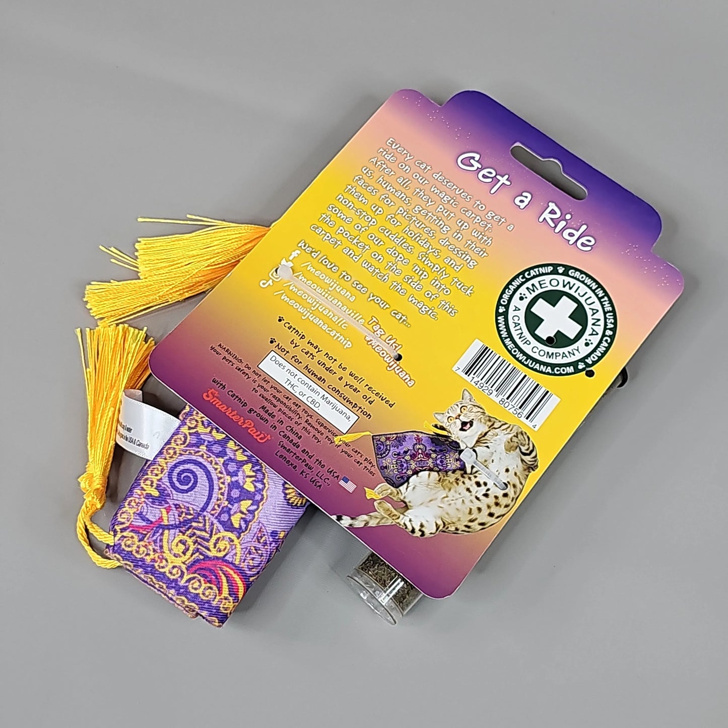 SMARTER PAW Meowijuana Organic Catnip Toy in vibrant colors, a fun Magic Carpet design by PayWut, perfect for playful cats.