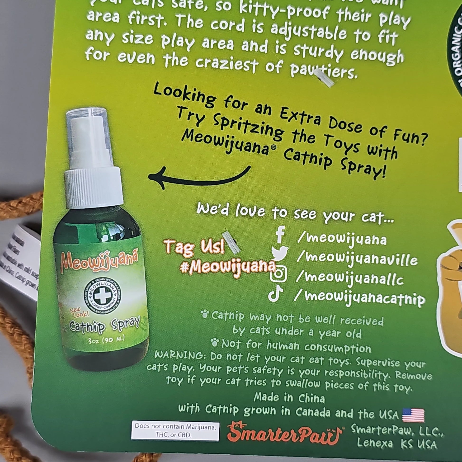 SMARTER PAW Meowijuana Organic Catnip Toy Jump 'n' Jamb Monkey by PayWut, colorful door jamb toy for playful cats, 3.00 size.