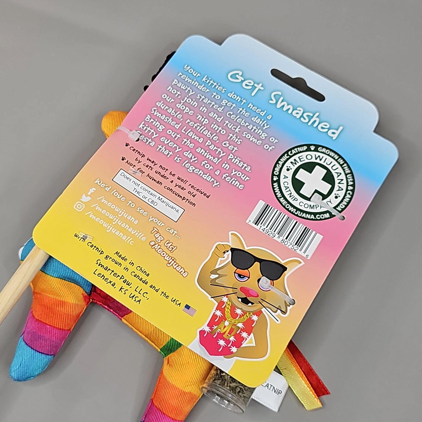 SMARTER PAW Meowijuana Organic Catnip Toy Get Smashed Llama Party Pinata by PayWut, colorful, fun cat toy for playful pets.