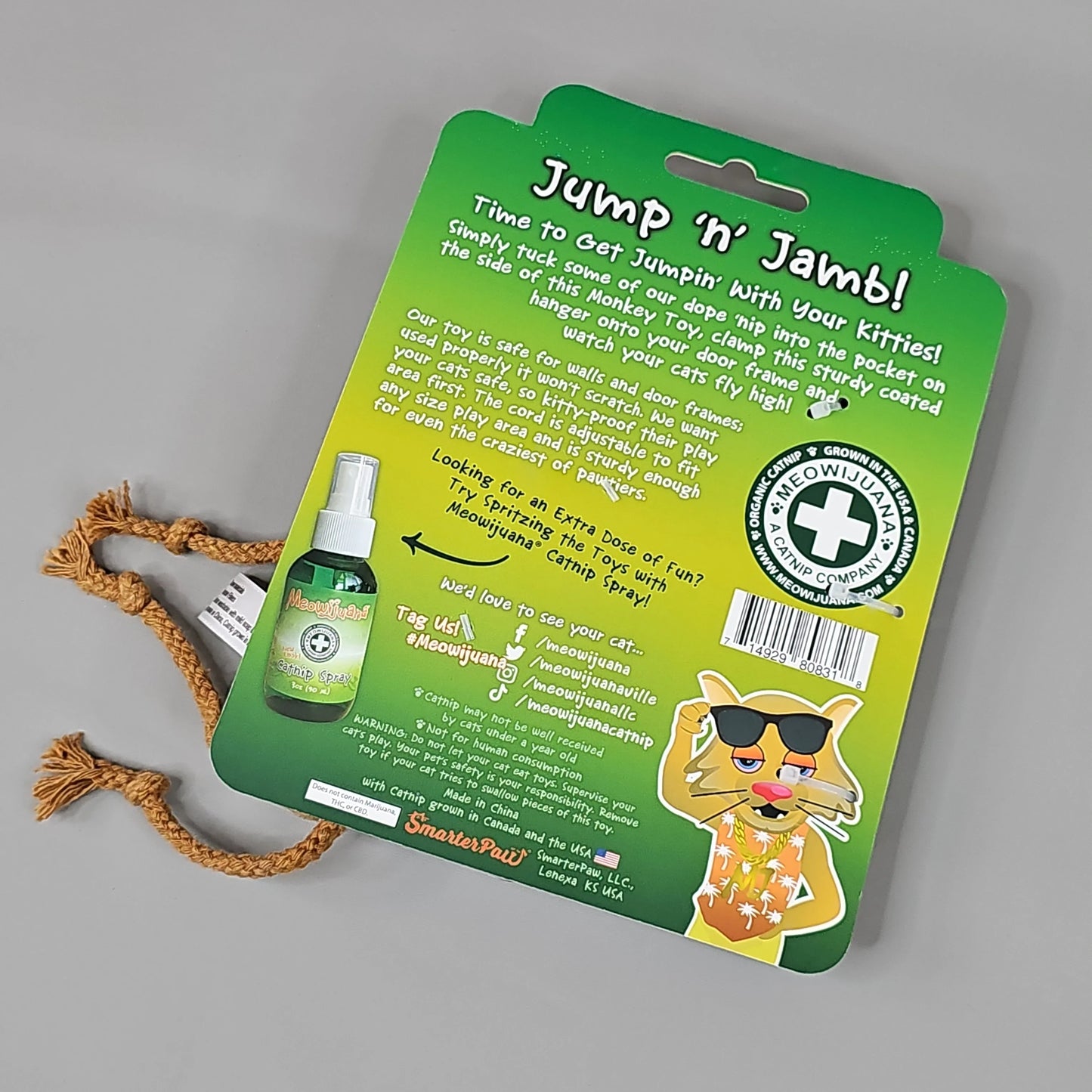 SMARTER PAW Meowijuana Organic Catnip Toy Jump 'n' Jamb Monkey by PayWut, a fun door jamb cat toy in vibrant colors, perfe...