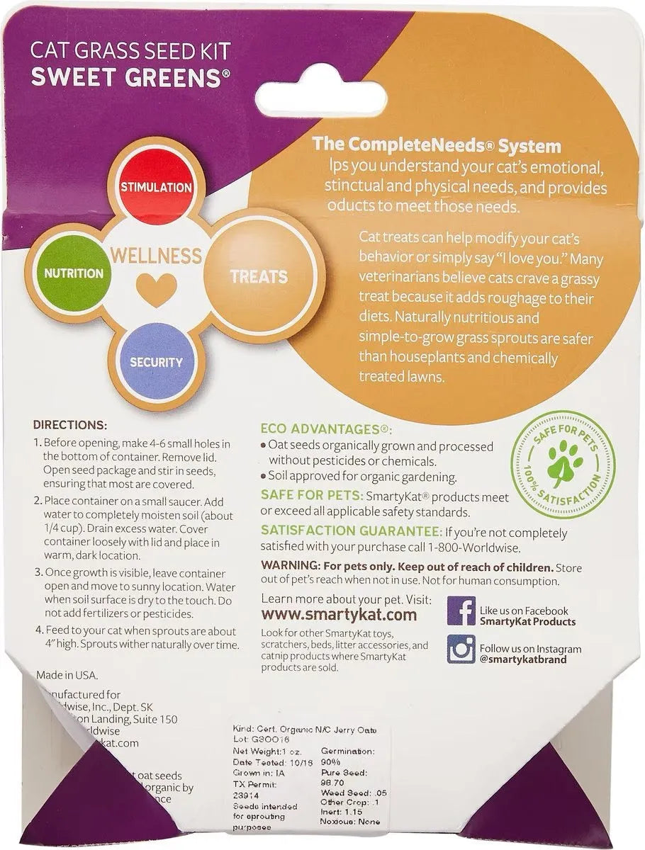 SmartyKat Sweet Greens Organic Oat Cat Grass Grow Kit by The Family Pet, featuring vibrant green grass in a compact size.