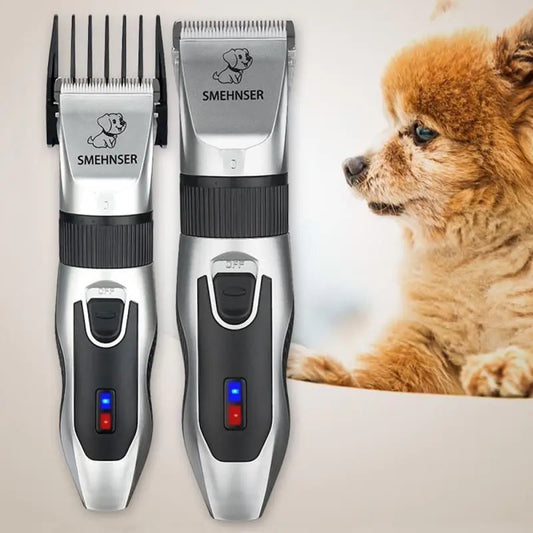 Purrfect Pet Kingdom Pet Styling Kit precision clippers and trimmers with a small dog in background