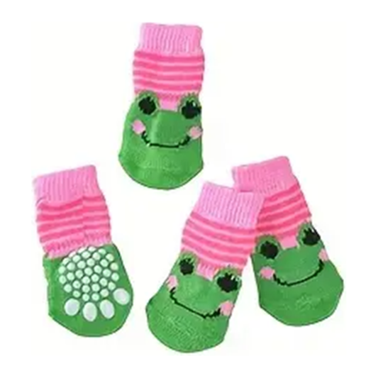 Smiling Frog Pink and Green Non-Skid Bottom Warm Pet Socks - 4pc