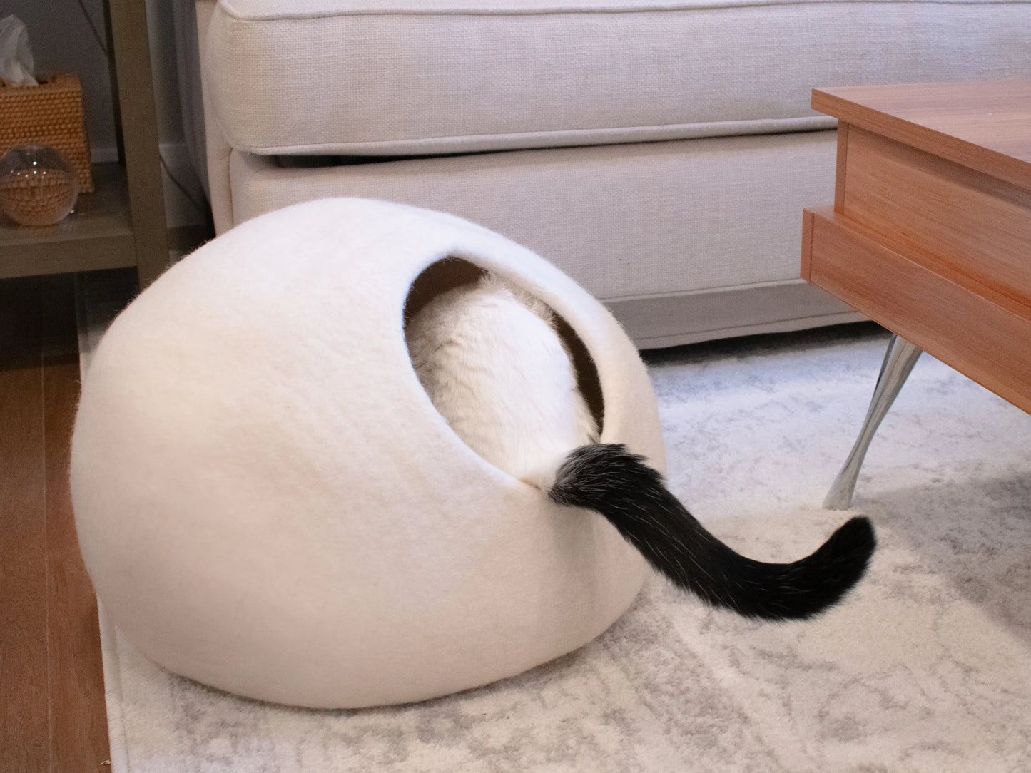 Snow White Round Style Cave by The Family Pet in white, available in Regular and Large sizes, perfect for cats.