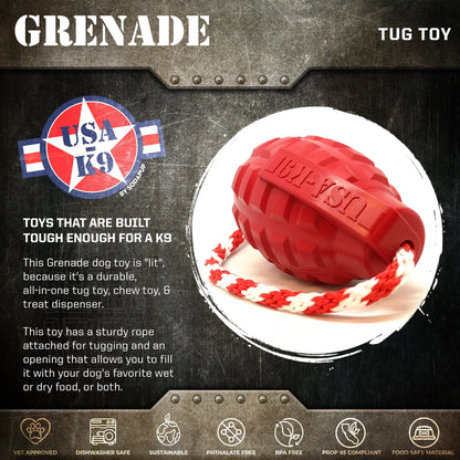 SodaPup/True Dogs, LLC - USA-K9 Grenade Shaped Rubber Dog Toy - Chew, Treat Dispenser & Tug Toy | USA - Rubber Dog Toys